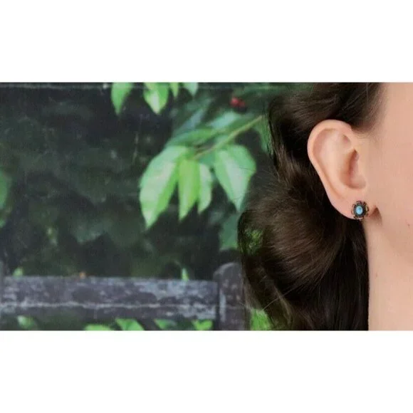 Sterling Silver Small Turquoise Earrings Stud Post 1/2" x 3/8" - Picture 4 of 8